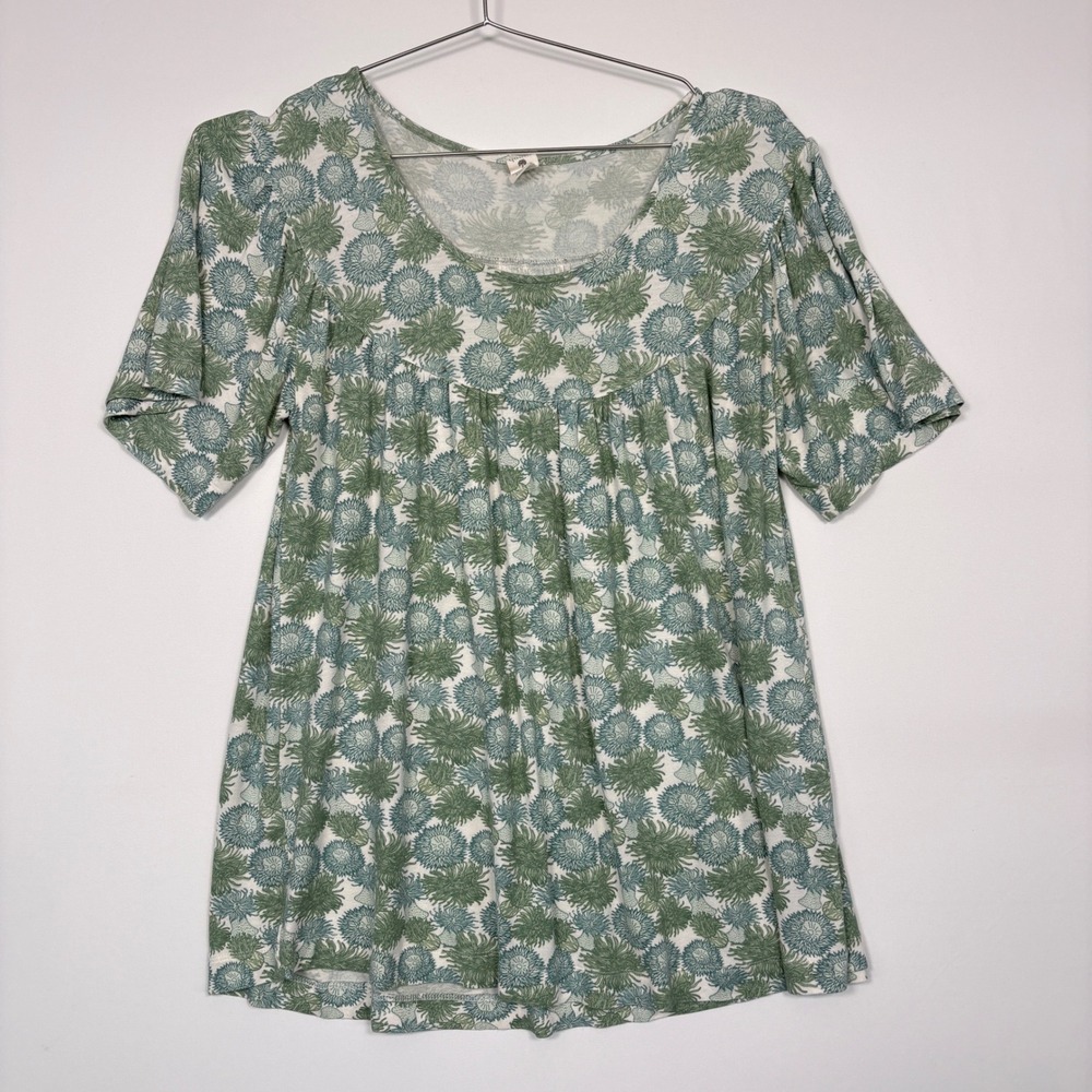 Kate Quinn Womens Top Large Green Floral Bamboo Viscose Short Sleeve Babydoll